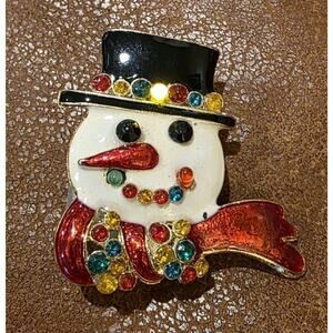 2 Inch Enameled Snowman Winter Brooch Pin Gems Blinking Lights Christmas Holiday